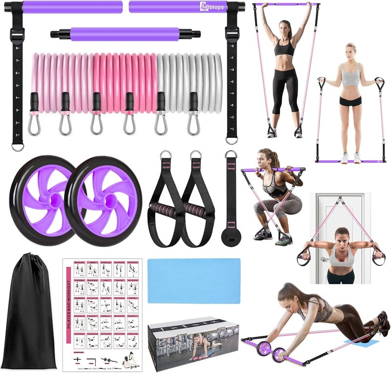 Bbtops Pilates Bar Kit with Resistance Bands,Ab Roller,2 in 1 Foot Strap & Handle,Door Anchor Pilates Equipment with Resistance Bands, Portable Home Gym Yoga Fitness Bar for Women & Men - Image 1
